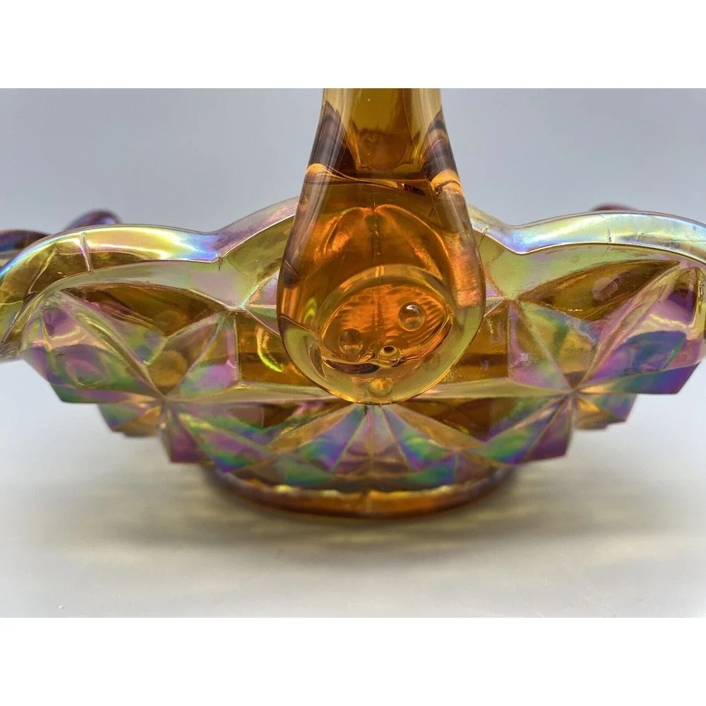 Vintage Indiana Glass Monticello Yellow Mist  Carnival Glass Basket‎ With Handle
